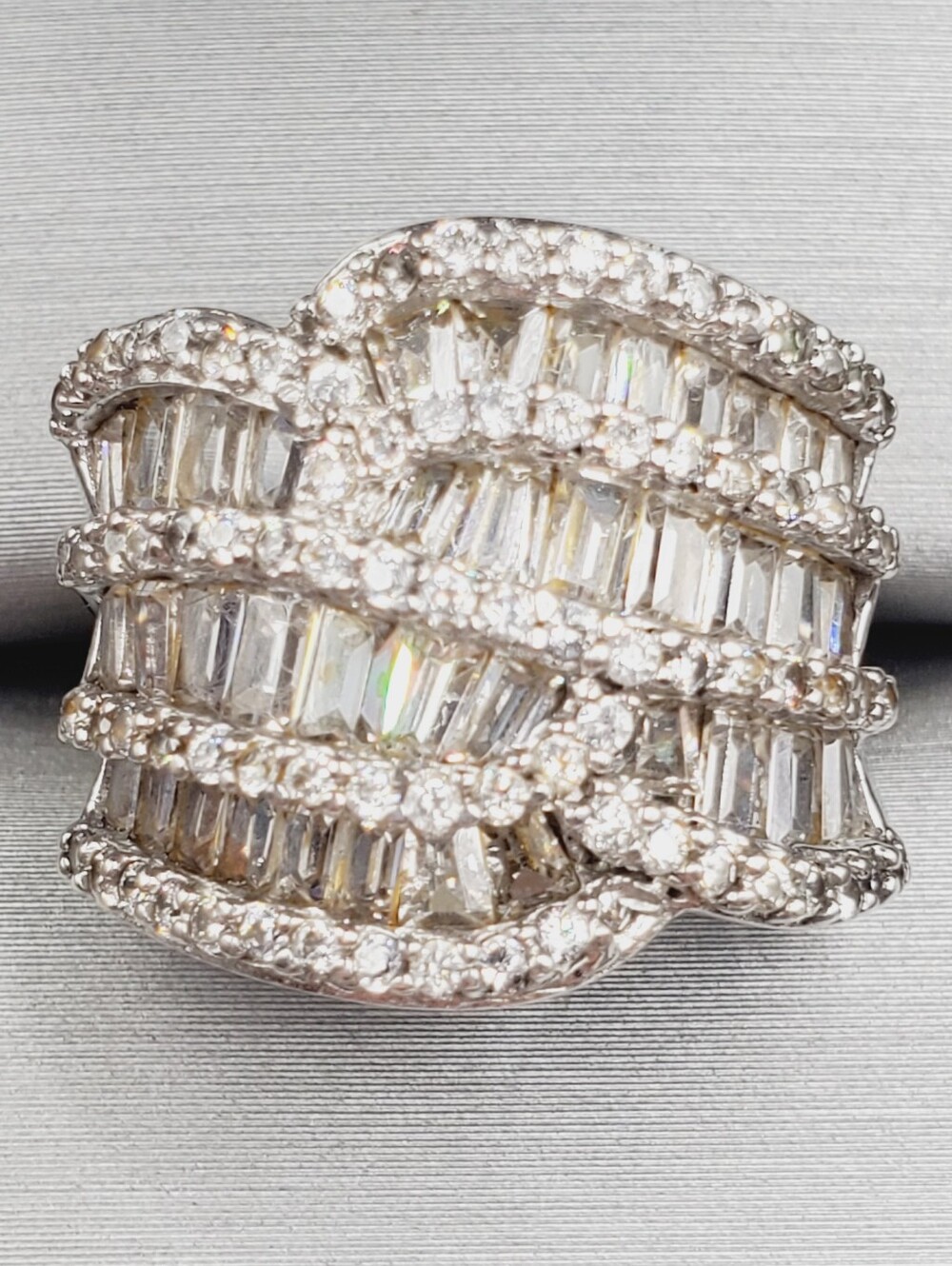 925 Sterling Silver Multi Row Baguette & Round Cut Statement Band Ring